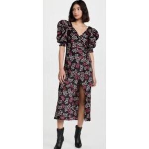Cinq a Sept Floral Puff-Sleeve Midi Dress in Black and Pink